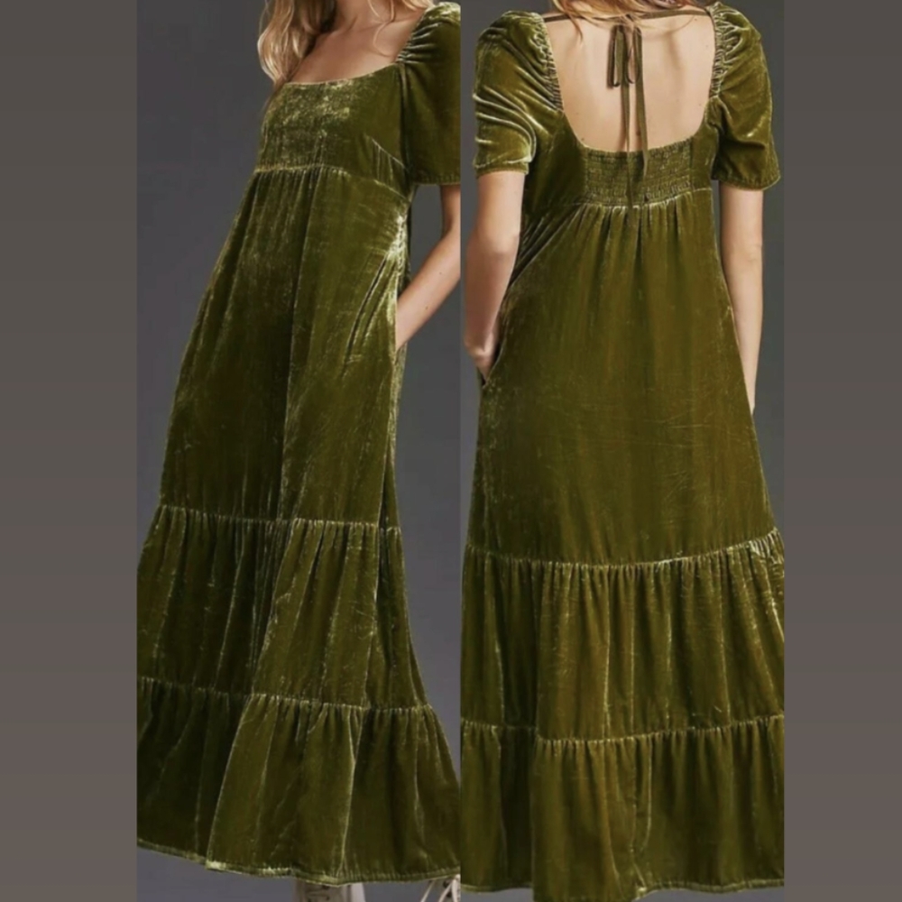 Anthropology Green Velvet Empire Waist Dress